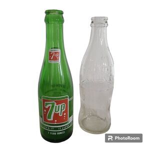 Vintage Green 7-Up 1968 and Clear Coca Cola 1974 Glass Beverage Coke Soda Bottle